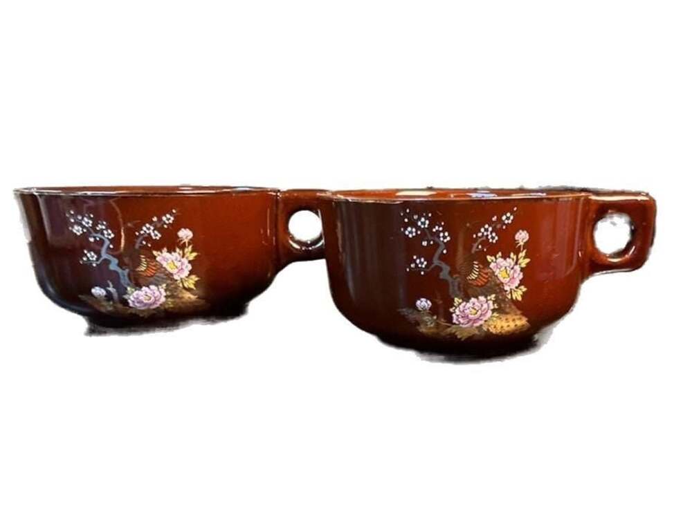 Vintage Japanese Oven to Table Stoneware Brown Floral Painted Soup Bowls, 2